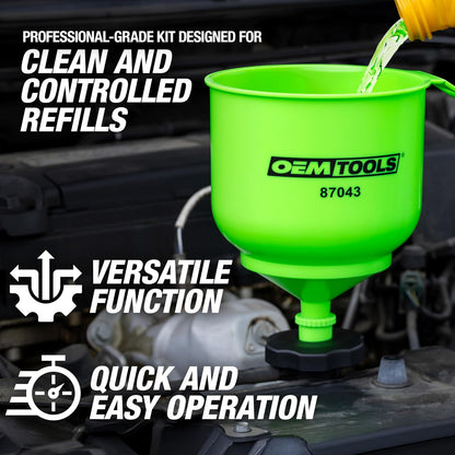 OEMTOOLS No-Spill Coolant Funnel Kit, 15 Piece Fluid and Oil Funnel Set, Allows Access To Hard-To-Reach Radiators