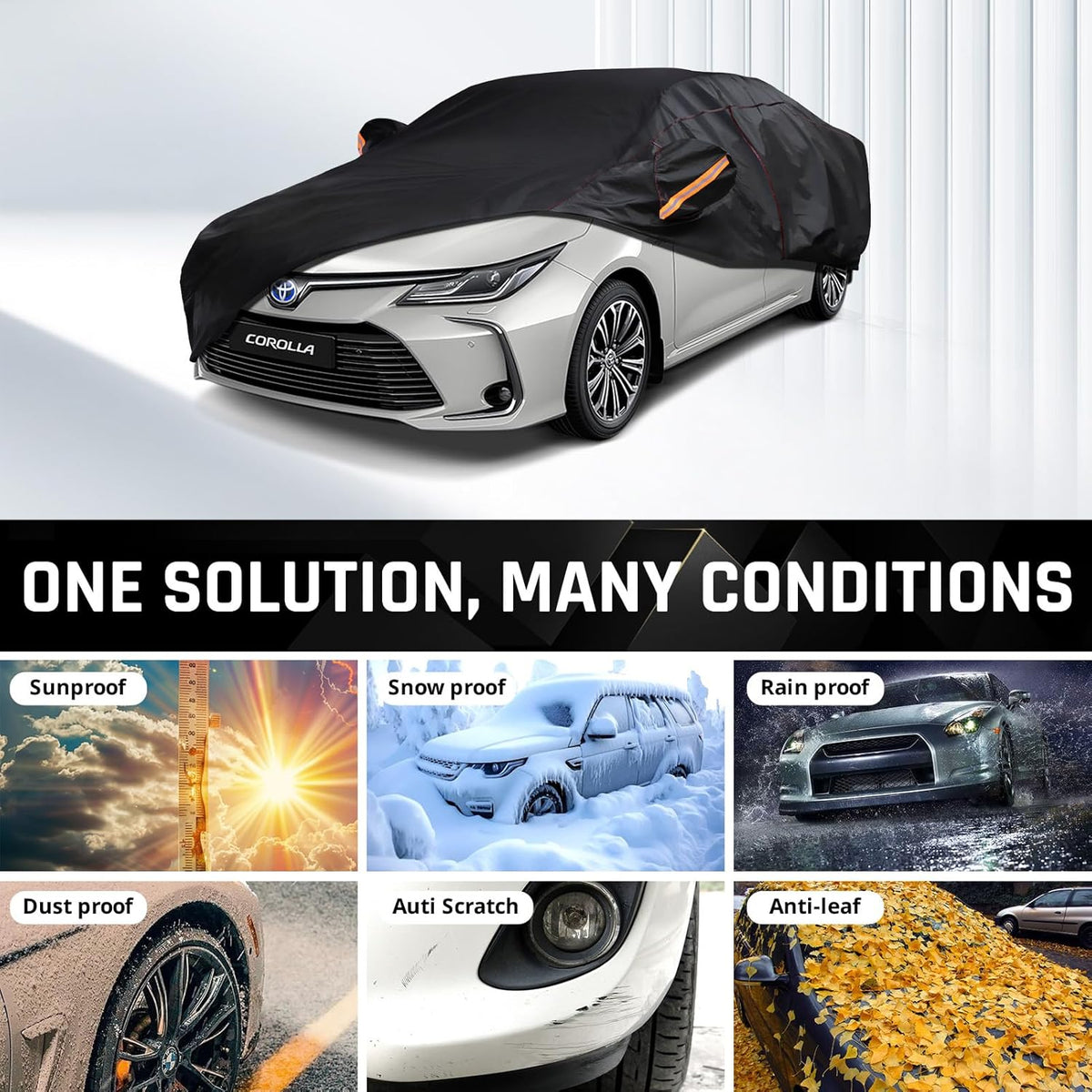 6 Layer Heavy Duty Car Cover Waterproof All Weather Protection with Cotton Liner, Full Exterior Outdoor Cover for Sun Rain Snow UV Protection, Fits Sedan 186-193 inchs