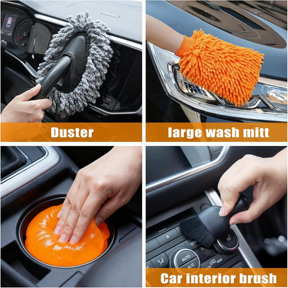 Car Wash Detailing Kit Cleaning Kits with Foam Gun Sprayer, Car Wash Brush and Large Wash Mitt Duster for Car Interior and Exterior Cleaning (Blue)