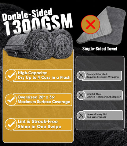 1400 GSM Car Drying Towels – XXL Microfiber Towels for Cars (48" x 24"), Ultra-Absorbent, Streak-Free, Scratch-Free, No Water Spots, Double-Twist Pile & Edgeless Design