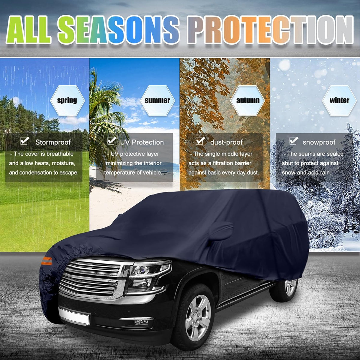 X AUTOHAUX SUV Car Cover for Chevrolet Tahoe 4 Door 2007-2024 Outdoor Waterproof Sun Rain Dust Wind Snow Protection 190T PU W/Driver Door Zipper Black