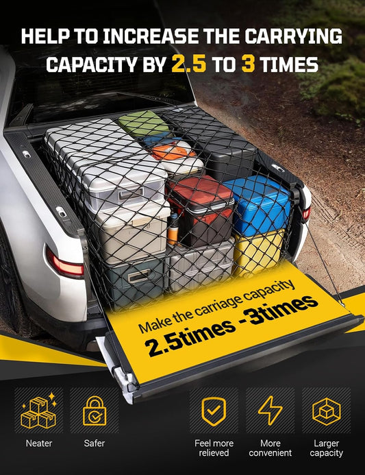 AUTOWN Cargo Net for Pickup Truck Bed - Stretchable 4' x 6' to 8' x 12' with 4" x 4" Mesh, Heavy Duty 10mm Cord Bungee Bed Netting with 12 Metal Carabiners - Ideal for ATV, SUV, UTV and Truck