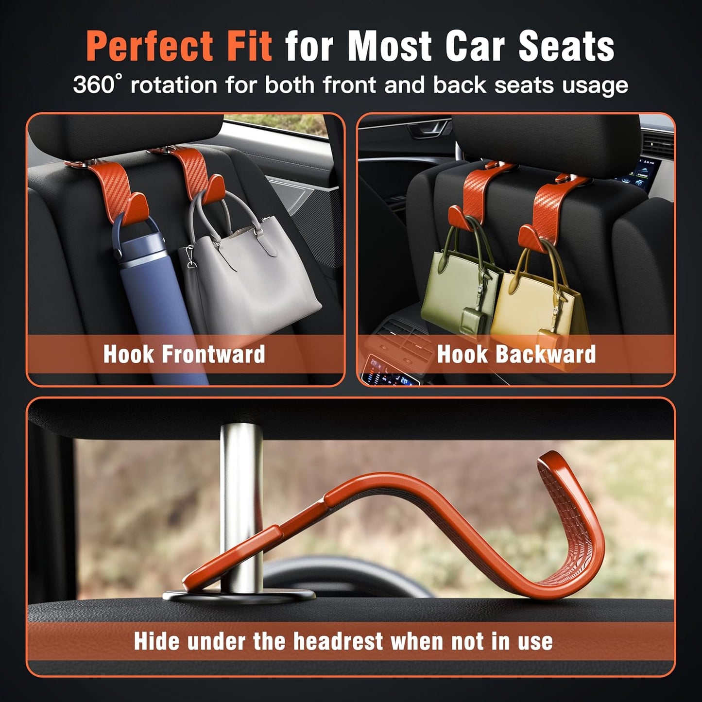 Amooca 4-Pack Car Headrest Hooks Vehicle Storage Organizer for Purses Handbags Groceries Backpack Coats –Holds 55lbs 360° Rotating Black
