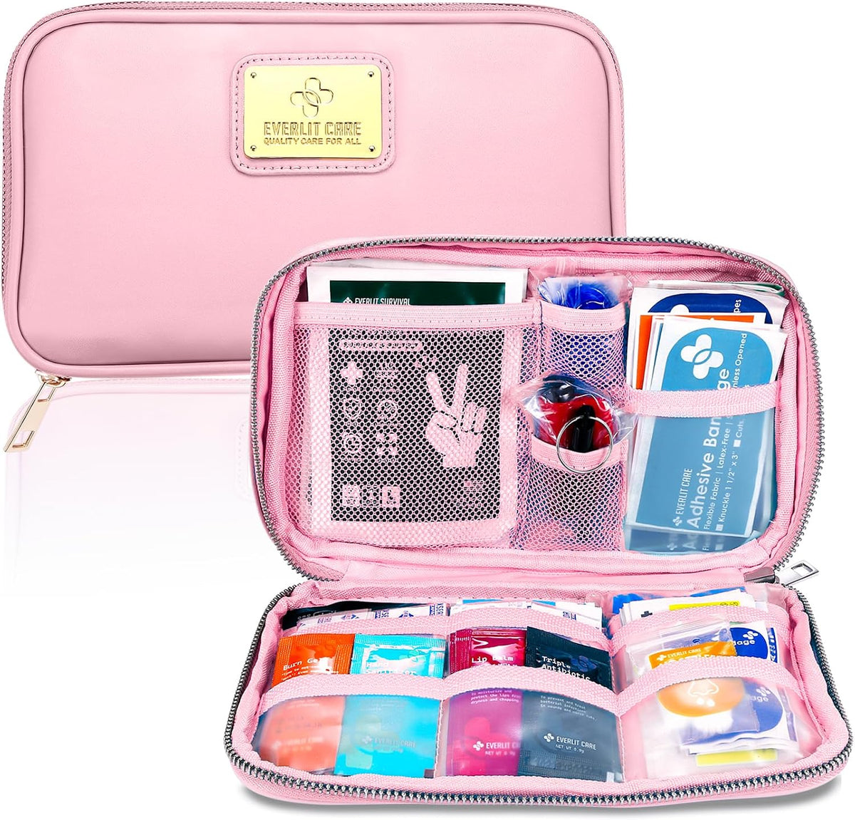 EVERLIT CARE Car First Aid Kit with Emergency Supplies Survival Gear Including Window Breaker Disposable Urine Bag Mountable Survival Kit for Family Travel in Car (Pink)
