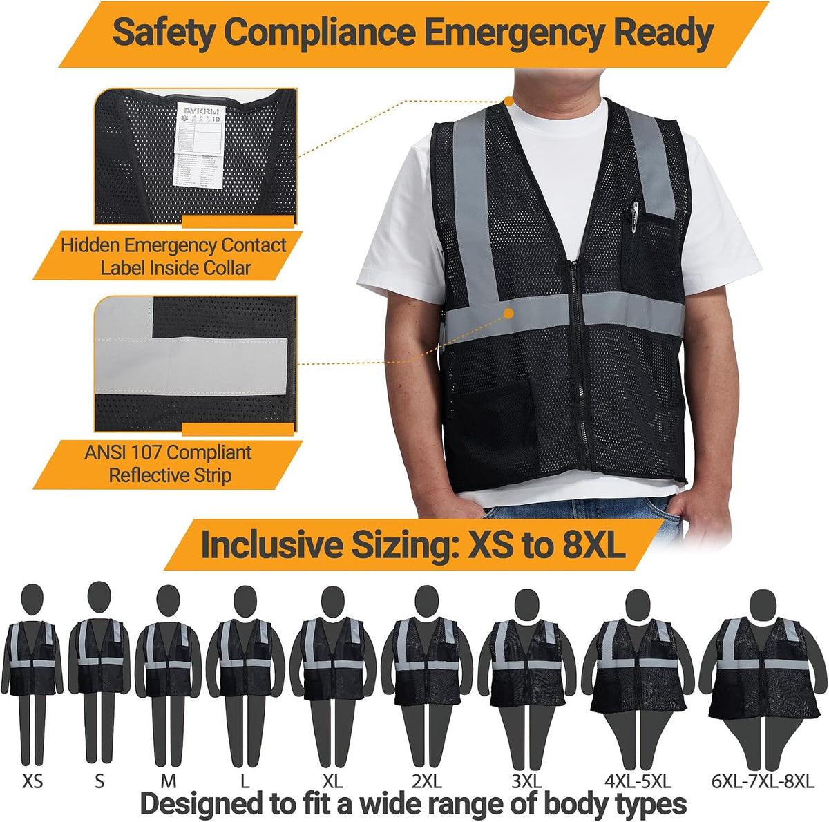 AYKRM 2 Pocket Mesh High Visibility Reflective Safety Vest for men & Women ANSI/ISEA 107 Standards