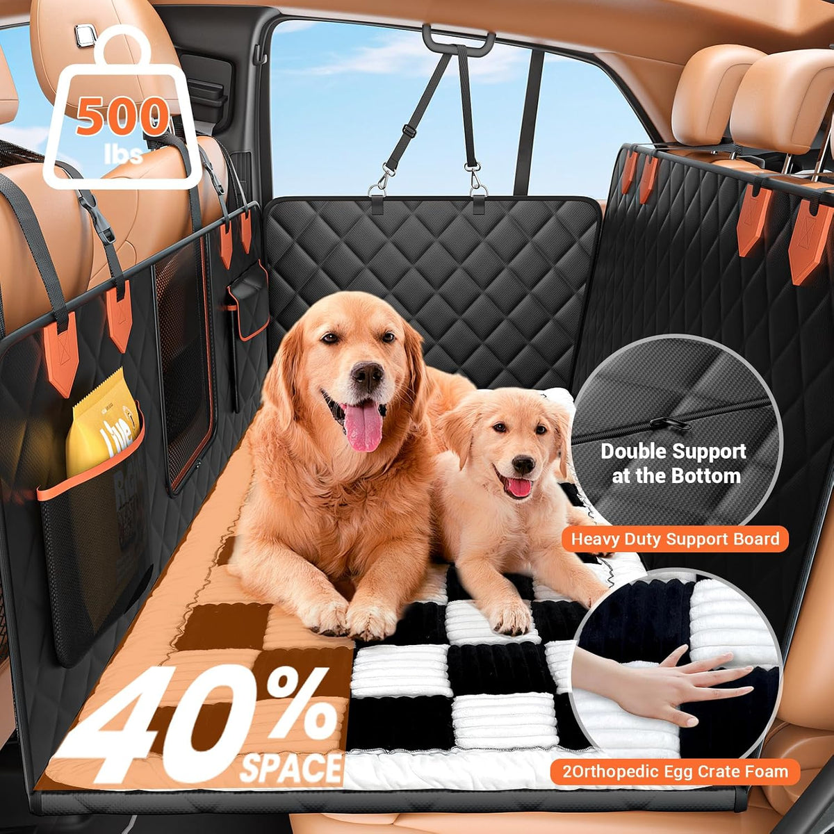 IJVAE Dog Seat Cover for Back Seat, Hard Bottom Back Seat Extender Holds 500 lbs, Waterproof & Nonslip Car Hammock for Large Pets, Comfortable Travel Seat Protector for SUV and Sedan