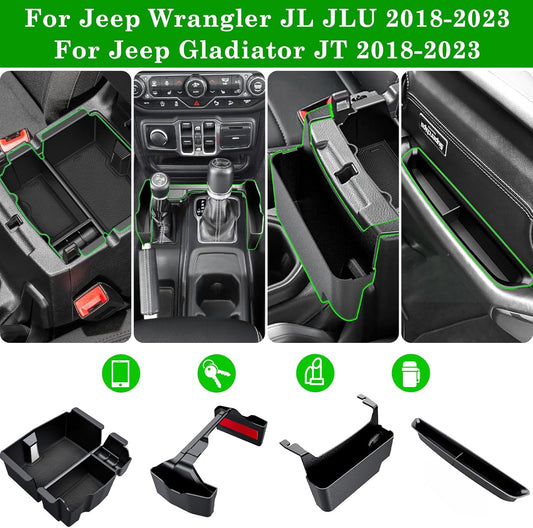 Eamplest 4PCS Center Console Organizer for 2018-2022 2023 Jeep Wrangler JL JLU and Gladiator JT Accessories Gear Shift Side Tray Organizer,Hanging Armrest Storage Box (Not for JK/JKU)