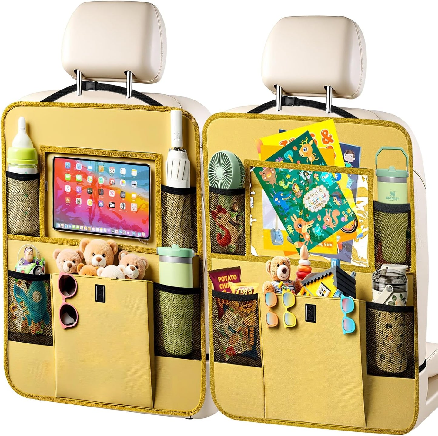 Car Backseat Organizer with Tablet Holder, 6 Storage Pockets Seat Back Protectors Kick Mats for Kids, Car Seat Protector for Road Trips 2 Pack (Black)