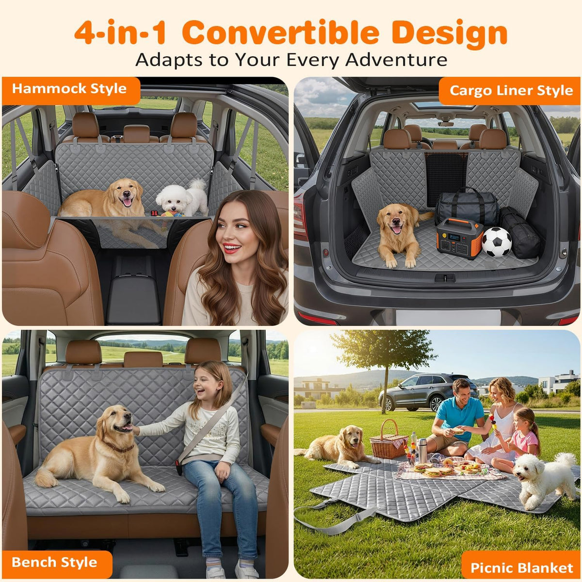 URPOWER 4 in 1 Dog Car Seat Cover for Back Seat, Waterproof Dog Hammock with Mesh Window and Side Flap Pet Car Seat Protector Dogs Backseat Cover for Cars, SUVs & Mid-Size Trucks