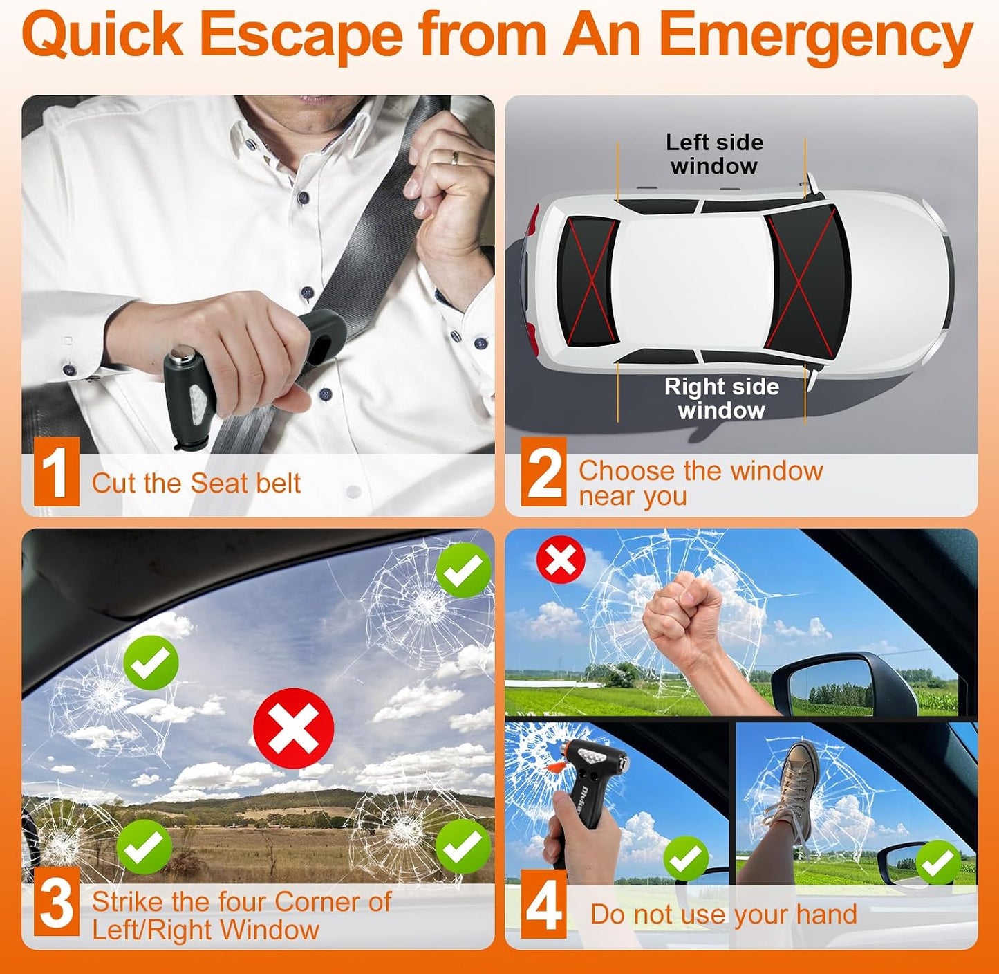 Window Breaker, 3-in-1 Emergency Escape Tool with Car Safety Hammer and Seat Belt Cutter, Safety Emergency Car Escape Tool, Road Trip Essential and Must Haves