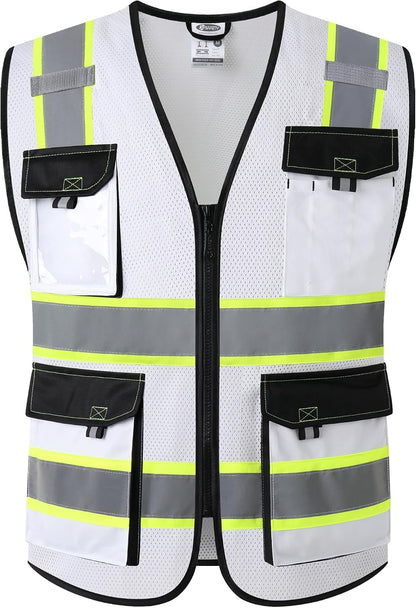 JKSafety Hi Vis Reflective Safety Vests for Men Women High Visibility Vest with Pockets Mesh Fabric Construction Safety Apparel Neon Vest for Work (220-Black L)