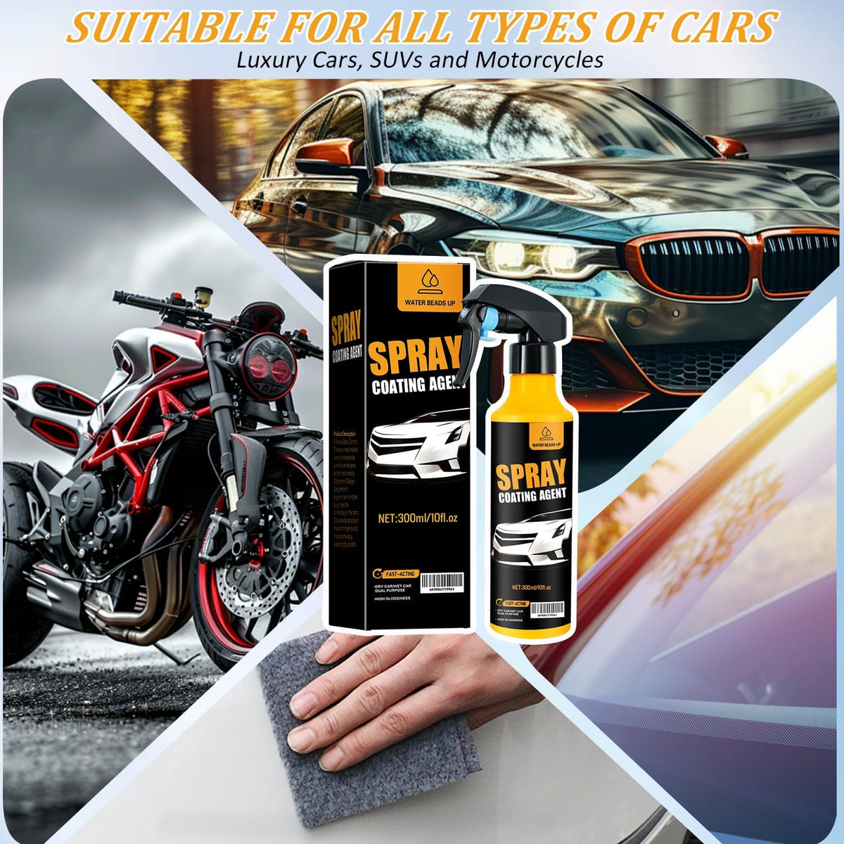 Car Coating Spray Kit, Nano Hydrophobic Ceramic Coating, Easy-to-Spray Auto Paint Protection, Includes Microfiber Cloth for Vehicle Shine & Protection300ml(1sponge+1towel)