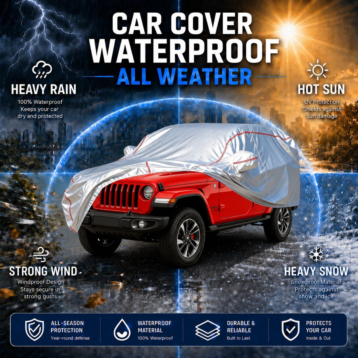 Car Cover for Sedan, Waterproof All Weather Heavy Duty, 360° Underbody Wrap Windproof Design, Quick Install Outdoor Vehicle Cover, Fits 186-193 in