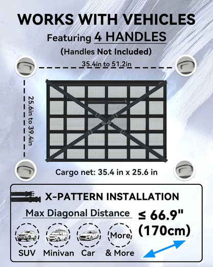 Car Ceiling Cargo Net with 2 Pockets - 35.4"x25.5" Cross-Strap Reinforced Double-Layer Mesh Organizer, Adjustable for SUVs - Road Trips, Camping, Commuting Storage Organization - Black