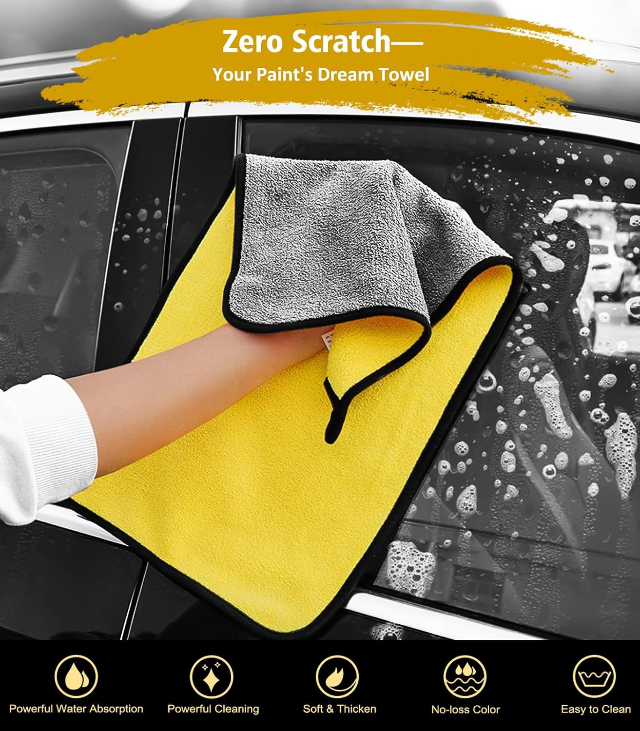 YeewayVeh Car Wash Brush with Long Handle, Microfiber Car Wash Mop with Replaceable Chenille Brush Head, Soft Cleaning Brush with 15° Curved Extension Pole Car Wash Kit for RV Truck Camper, Yellow