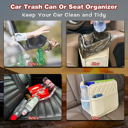 Witaxima Upgrade Car Seat Organizer Backseat with Storage Pockets, Multipurpose Car Organizer Hanging, Car Trash Bag Can,Premium PU Leather Garbage Can 2.14 Gallon Large Capacity, Black.