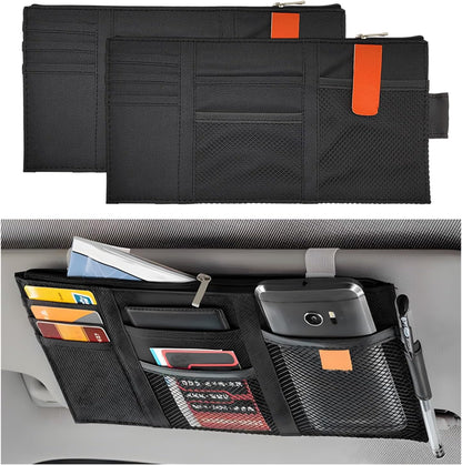 Car Sun Visor Organizer, Auto Interior Visor Storage Pouch Holder with Zipper, Multi-Pocket Net Personal Belonging Organizer, Universal Car Accessory for Cards, Documents (Black)