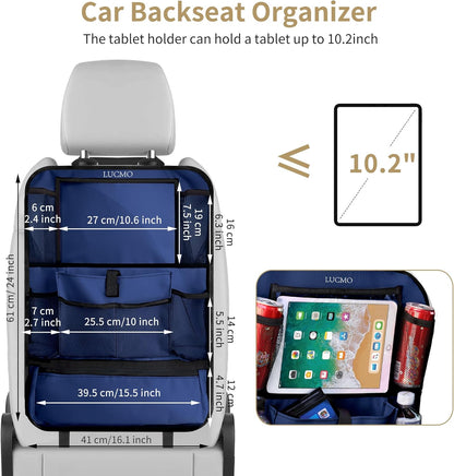 LUCMO Car Backseat Organizer with Tablet Holder,6 Storage Pockets Car Storage Organizer with Foldable Food Tray,Protectors Kick Mats Travel Accessories-Black