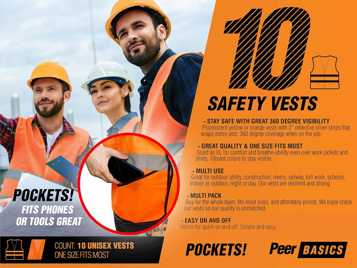 PeerBasics Pocket Safety Vest Bulk Pack Reflective High Visibility Men Women