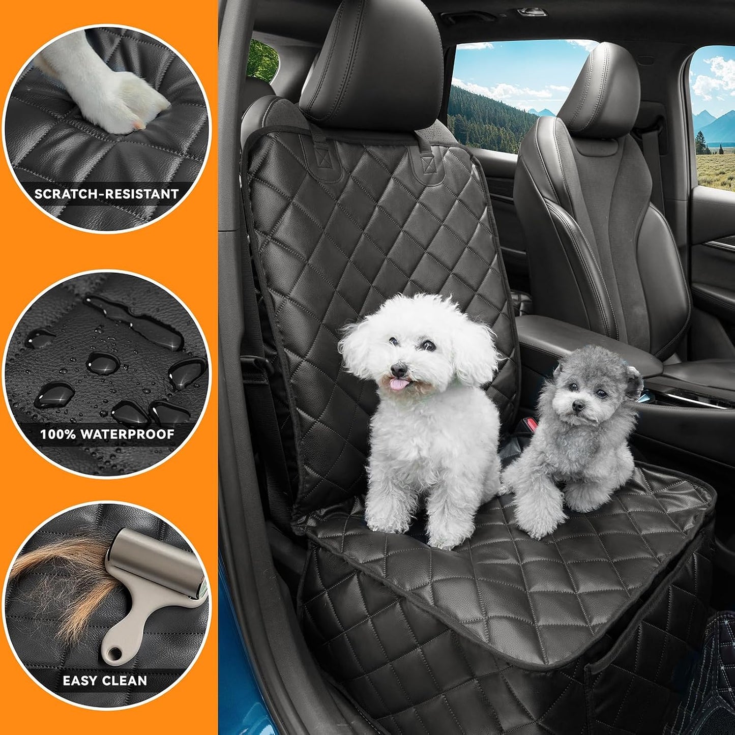 Dog Car Seat Cover for Back Seat, Waterproof Back Seat Covers for Dogs, PU Leather Nonslip Bench Dog Seat Cover Universal Fit Most Vehicles,SUVs,Small Trucks（Black,Standard）