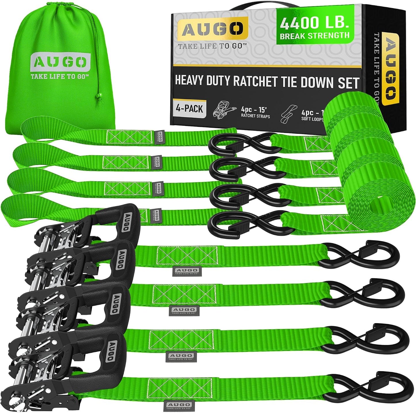 AUGO Ratchet Straps Heavy Duty 4 Pack -15 FT - 2200 LB Break Strength – with Safety Lock S Hooks - Cargo Straps for Moving, Appliances, Motorcycle – Soft Loop Tie Down Straps