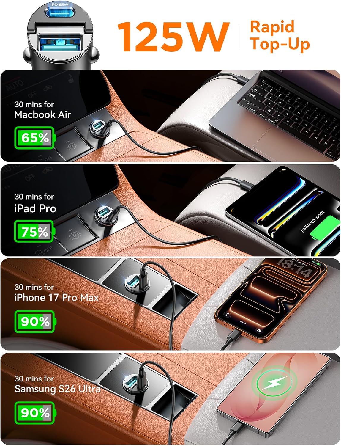 JOYROOM 2-Pack USB C Car Charger [Flush & Pull Ring] 65W PD + 60W QC Dual-Port Car Cigarette Lighter Charger, Fast Car Charger for iPhone 17/16/15 Series, Galaxy S26/25/24, MacBook Air, iPad and More