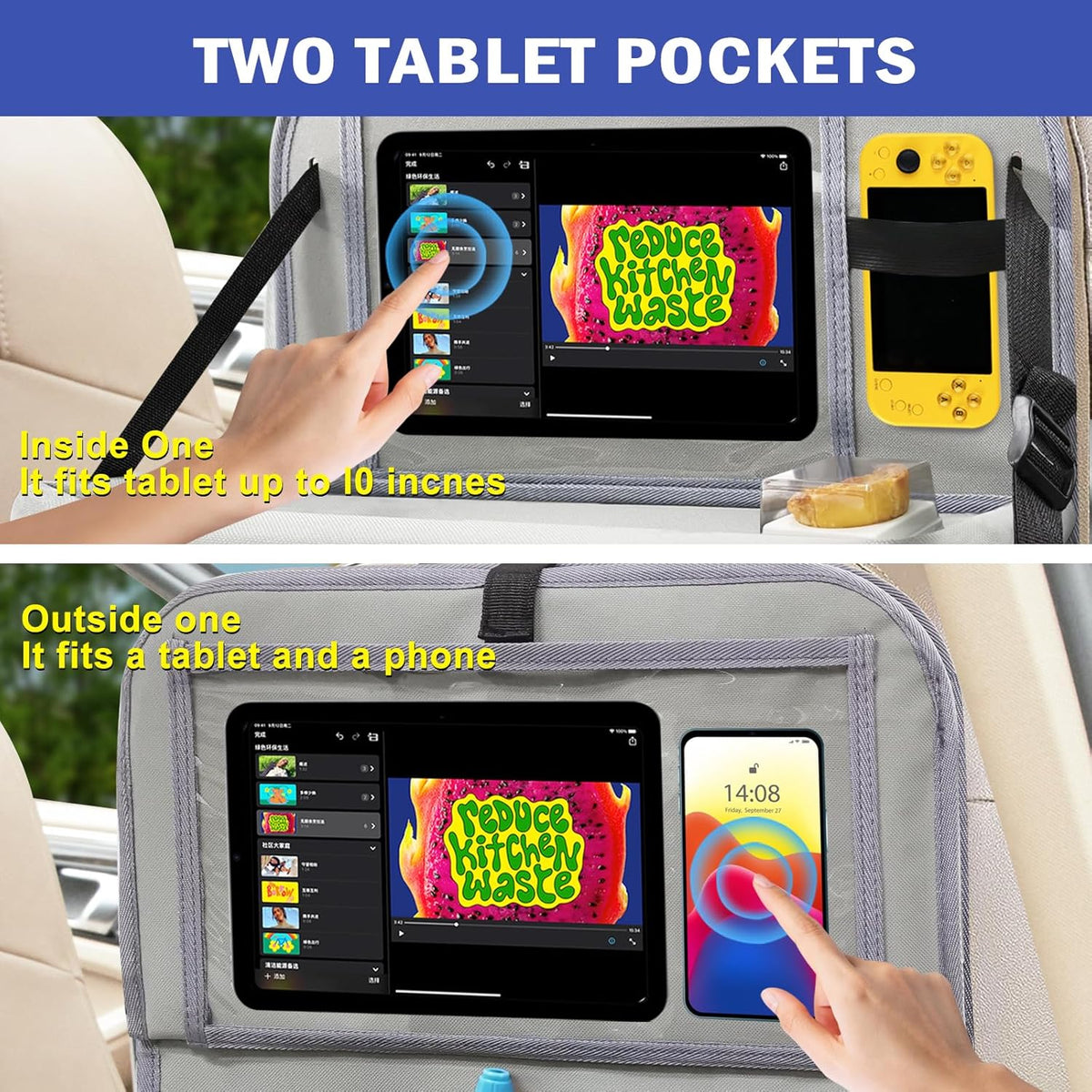 2Pack Car Backseat Organizer with Foldable Table Tray,6 Storage Pockets Car Storage Organizer with Tablet Holder,Car Seat Back Protectors Kick Mats Travel Accessories (Black)