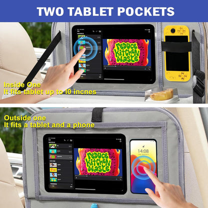2Pack Car Backseat Organizer with Foldable Table Tray,6 Storage Pockets Car Storage Organizer with Tablet Holder,Car Seat Back Protectors Kick Mats Travel Accessories (Black)