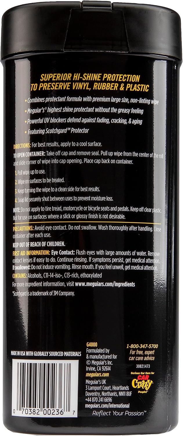 Meguiar's Supreme Shine Protectant Wipes - Convenient Protectant Wipes with UV Blocking for Durable Protection, Premium Car Wipe that Clean and Leave a Non-Greasy Glossy Shine, 30 Count