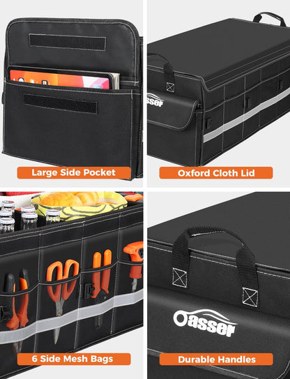 Oasser Car Trunk Organizer, 3 Compartments Collapsible Waterproof Car Organizer Storage with Foldable Cover, Reflective Strip, Non-Slip Bottom, 4 Mesh Pockets for SUV/Truck/Sedan/Camping/Road Trip