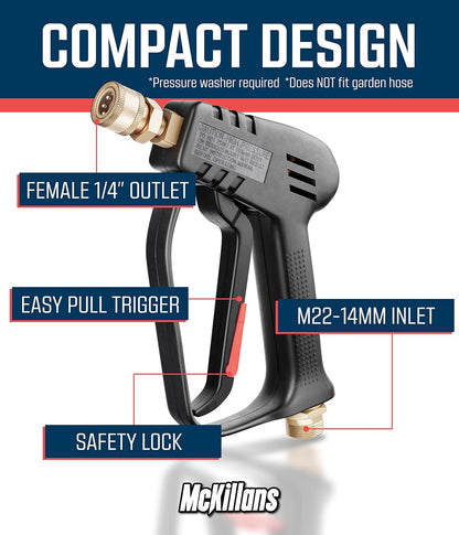 McKillans Pressure Washer Gun with Swivel & Foam Cannon Wide Mouth & M22-14mm Adapter - Adjustable Thick Foam - Power Washer Gun - 3/8" Male Plug & 1/4” Quick Connector Coupler