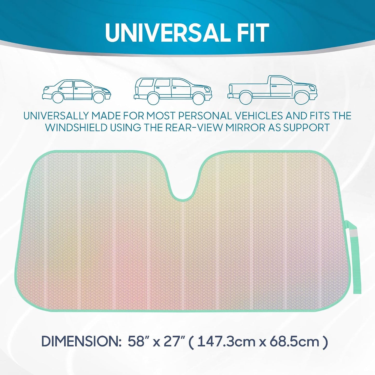 Iridescent Matte White Front Windshield Sunshade-Accordion Folding Auto Shade for Car Truck SUV-Blocks UV Rays Sun Visor Protector-Keeps Your Vehicle Cool- 58 x 27 in