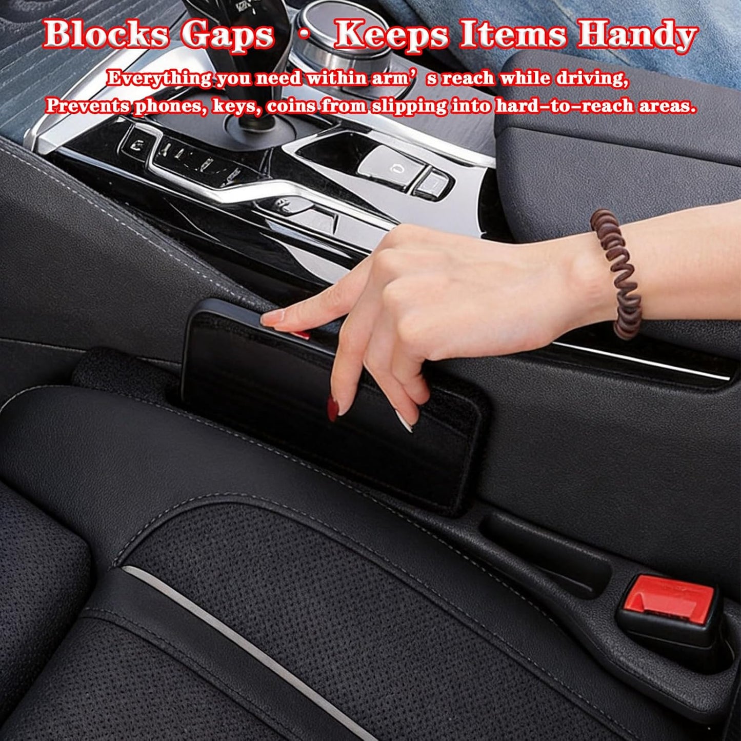 Car Seat Gap Filler Organizer of 2 – Universal Car Gap Seat Filler with Storage Pockets, No Drop Seat Guard for Phones, Keys & Cards, Car Accessories for Most Cars Trucks SUVs (Black)