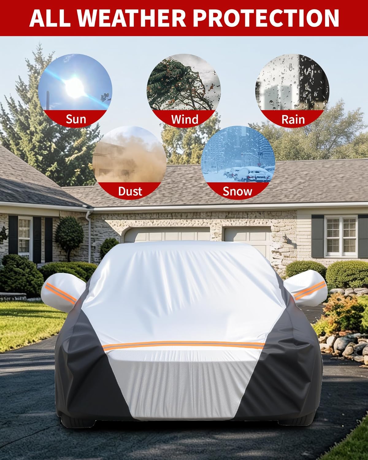 Car Cover Waterproof All Weather,6 Layers Car Covers for Automobiles, Full Exterior Cover with Zipper, Outdoor Car Cover Sun UV Rain Snow Wind Protection, Fit for 185"(185*70*59 inch)Sedan