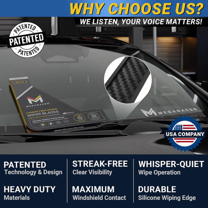 Premium Silicone Carbon Fiber Windshield Wiper Blades 22" & 20" - Patented All-Season, Quiet & Smooth Streak-Free Clean Wipe, OEM Quality, Front Automotive Replacement Wipers for Car & Truck (2 Pack)