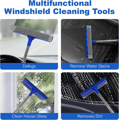 2-in-1 Car Windshield Squeegee and Sponge Scrubber for Cleaning and Washing, Rubber Blade Cleaner with Handle, Retractable car Wipers Suitable for All Vehicles, Blue