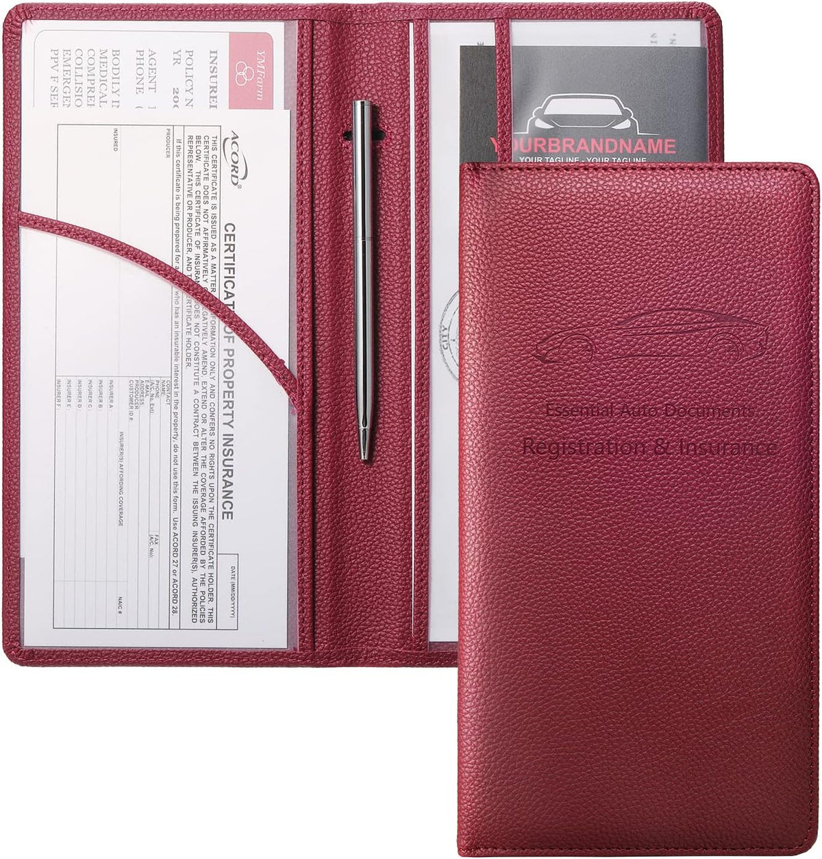 Yarnic Car Registration and Insurance Holder, Pu Leather Car Registration and Insurance Card Holder Car Document Holder for Cards, Essential Document, Driver License (Pink)