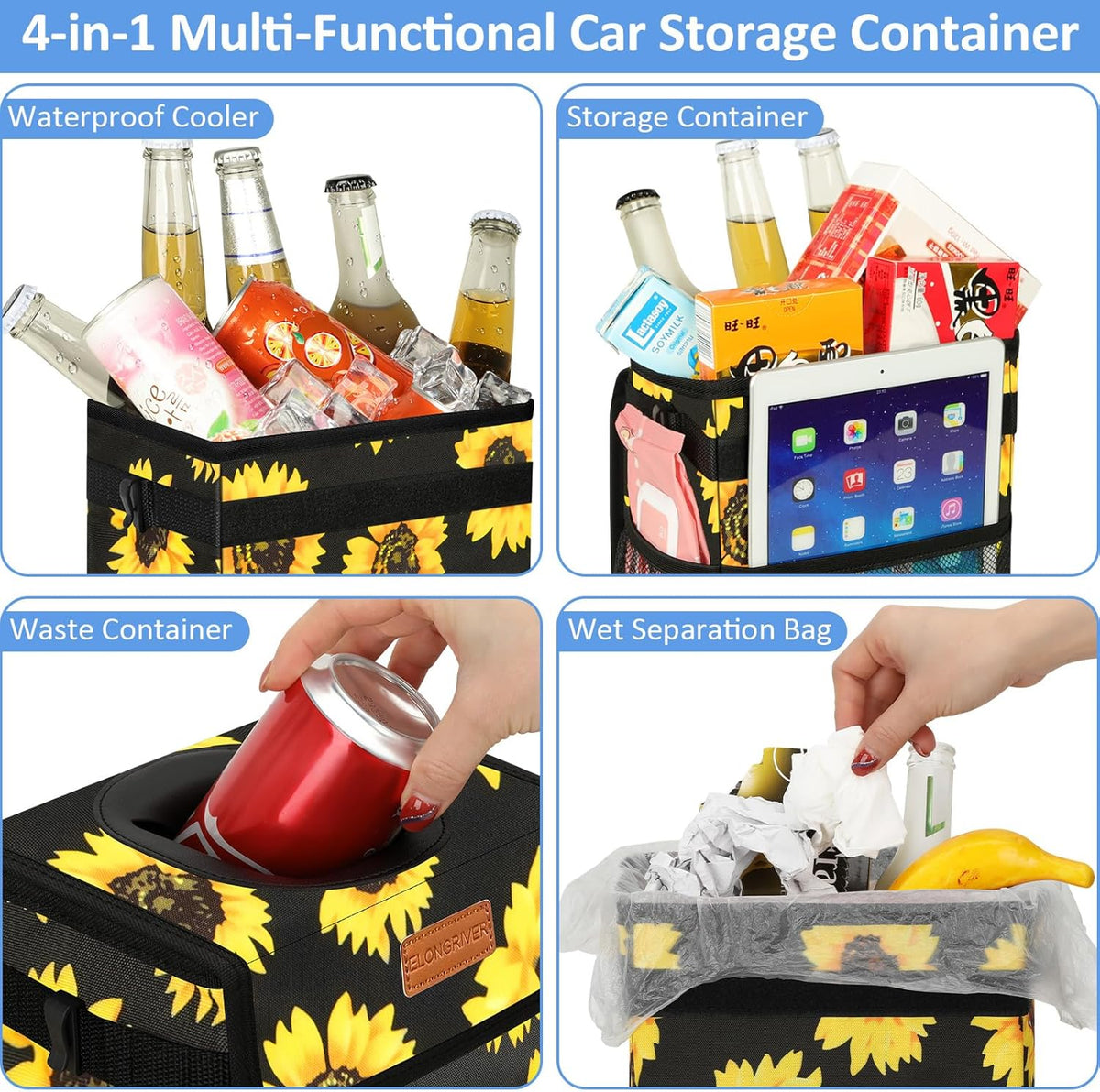 ELONGRIVER Car Trash Can Bin for Back Seat Leak Proof, Cute Car Trash Bag Hanging, Vehicle Trash Can for SUV Truck Van, Automotive Garbage Cans Front Seat Black