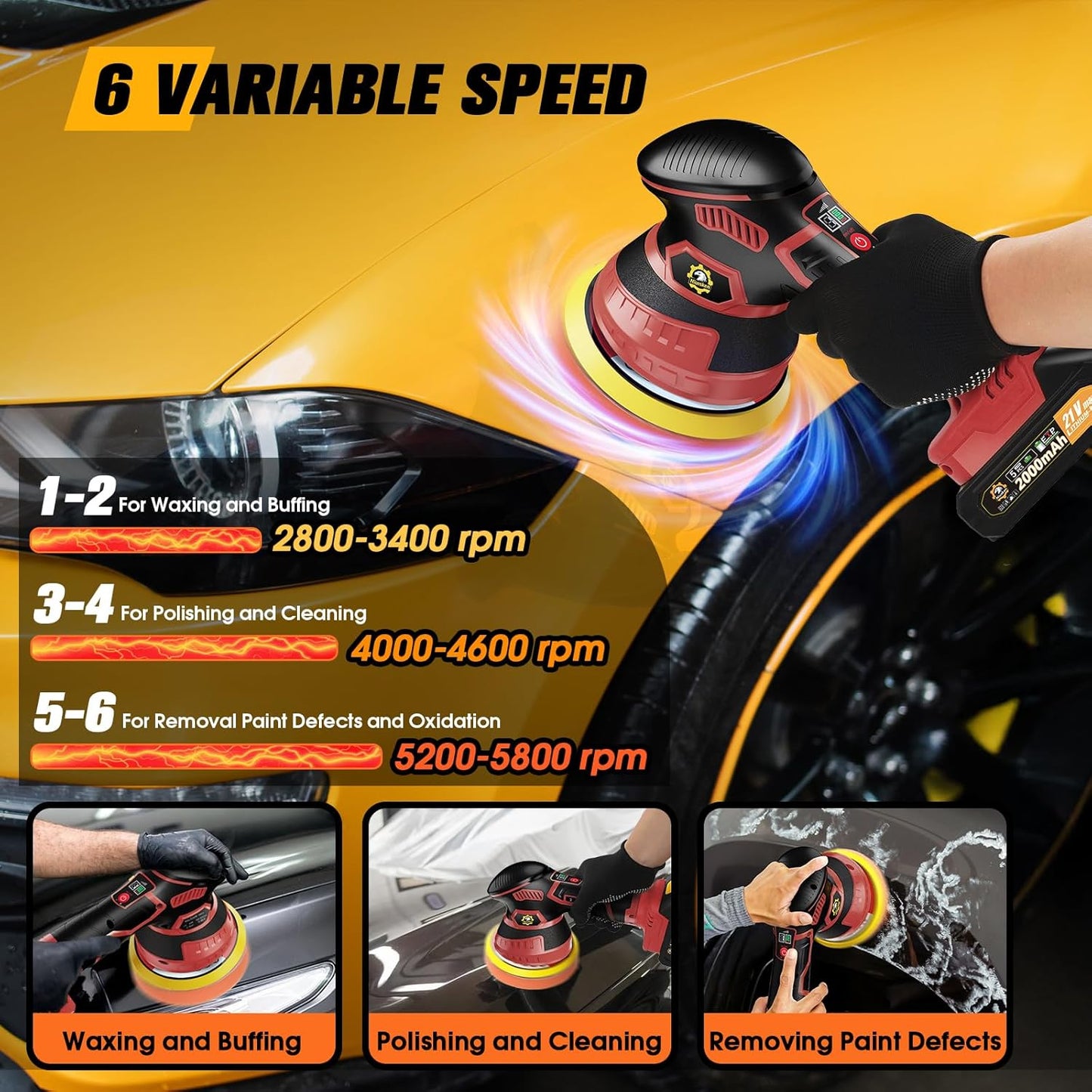 Cordless Car Buffer Polisher kit [2x 2000mAh 21V Batteries & 18 PCS Attachments] 6-Speed Orbital Design, LED Display, Lightweight Detailing Tool for Waxing, Polishing & Scratch Removal-Yellow