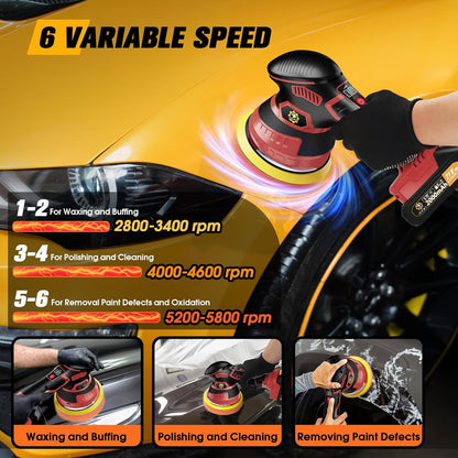 Cordless Car Buffer Polisher kit [2x 2000mAh 21V Batteries & 18 PCS Attachments] 6-Speed Orbital Design, LED Display, Lightweight Detailing Tool for Waxing, Polishing & Scratch Removal-Yellow