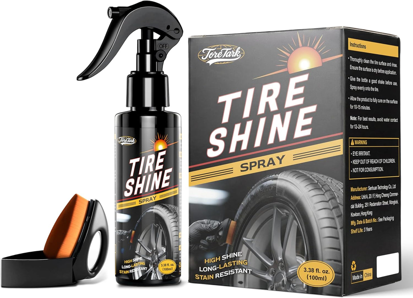 toretark Ceramic Tire Shine Spray — High-Gloss Wet Look Tire Coating with Ultra-Dense Nylon Brush Applicator, UV Protection, Long-Lasting Shine for Car Truck RV Motorcycle (16 Fl Oz)