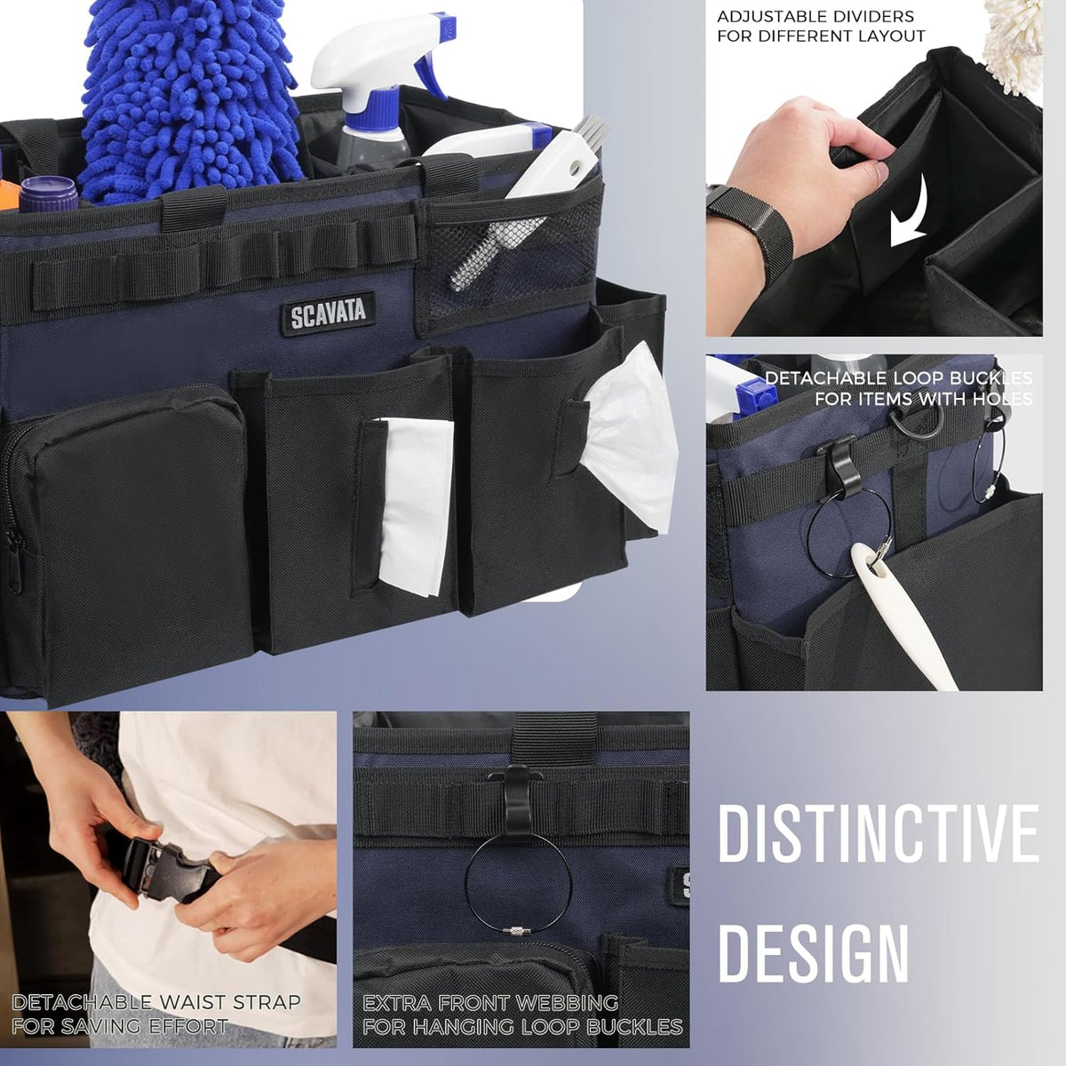 SCAVATA Wearable Cleaning Caddy Bag, Supplies Organizer with Handle & Shoulder Straps for Housekeepers, Under Sink & Car Cleaning Tool Organizer with 4 Foldable Dividers (Black)