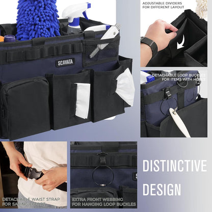 SCAVATA Wearable Cleaning Caddy Bag, Supplies Organizer with Handle & Shoulder Straps for Housekeepers, Under Sink & Car Cleaning Tool Organizer with 4 Foldable Dividers (Black)