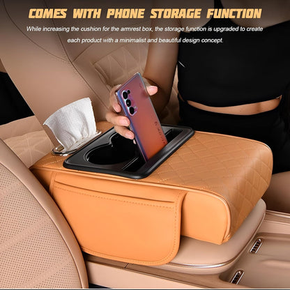 Zpana Car Center Console Armrest Pillow, Memory Foam Leather 4 in 1 Vehicle Arm Rest Cover with Tissue Box 2 Side Storage Bag Cup & Phone Holder, Auto Armrest Cushion, Universal Fit (Black)