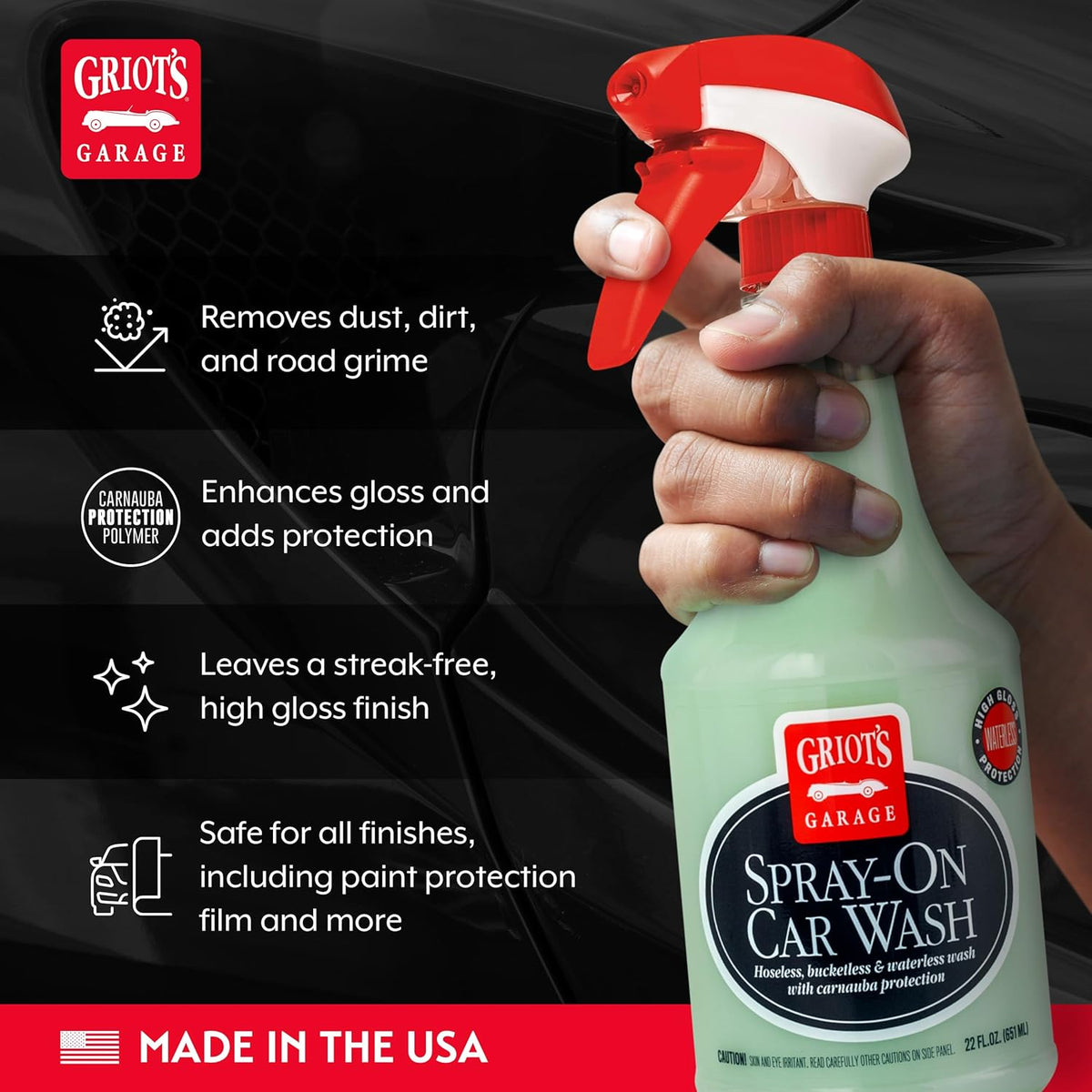 Griot's Garage Spray-On Car Wash for Vehicle Cleaning and Detailing, Rinseless and Waterless, No Hose and Bucket Needed, With Carnauba Wax Protection, 11065, 35oz