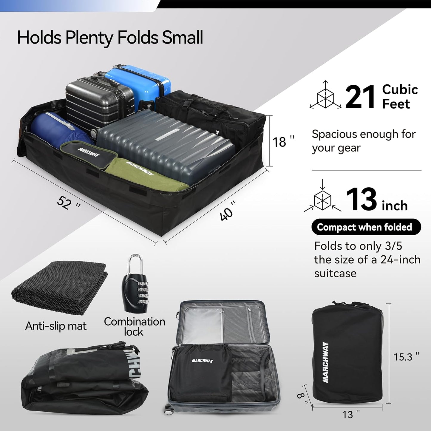 MARCHWAY Waterproof Car Roof Luggage Bag, Weatherproof Soft Shell Rooftop Cargo Carrier Bag for Vehicles with or Without Rack. 6 Door Hooks, Anti Slip Mat, Lock Included (21 Cubic Feet, Black)