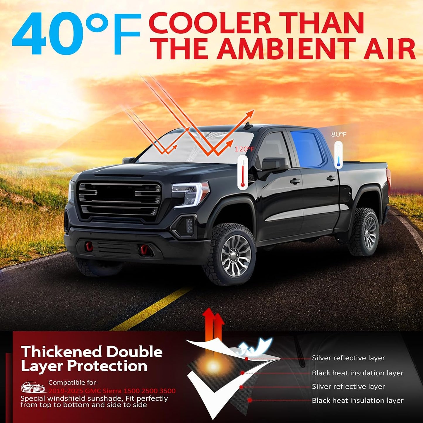 KAYZT Windshield Sun Shade for 2019-2025 2026 Chevy Silverado 1500 /GMC Sierra 1500 2500HD 3500HD Foldable Sunshade Front Window Custom Fit Car Accessories - Colors A