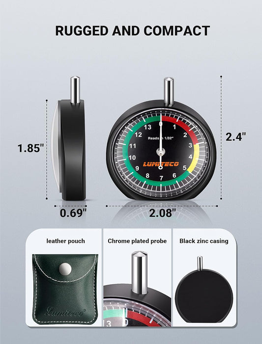 LUMITECO Tire Tread Depth Gauge, Dial Type Tire Depth Gauge Reads in 1/32" for Tread Wear, Professional Pocket Tire Gauge with Case for Truck, Motorcycle, Car and Bus Tyre in 32nds