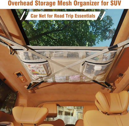 Car Ceiling Cargo Net with 2 Pockets,31.5"x21.6" Overhead Storage Mesh Organizer for SUV and Mini Van,Double Car Net for Road Trip Essentials,Camping Gear,Vehicle Roof Storage,Beige