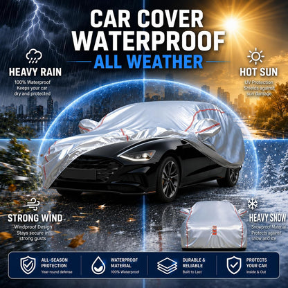 Car Cover for Sedan, Waterproof All Weather Heavy Duty, 360° Underbody Wrap Windproof Design, Quick Install Outdoor Vehicle Cover, Fits 186-193 in